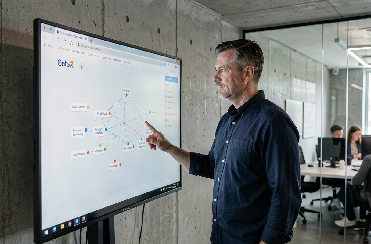 Homme analysant une carte de navigation de site web sur un grand écran tactile dans un bureau moderne