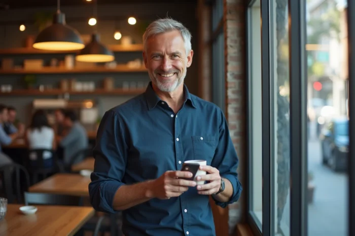 Homme consultant une application de communication sur smartphone dans un café urbain