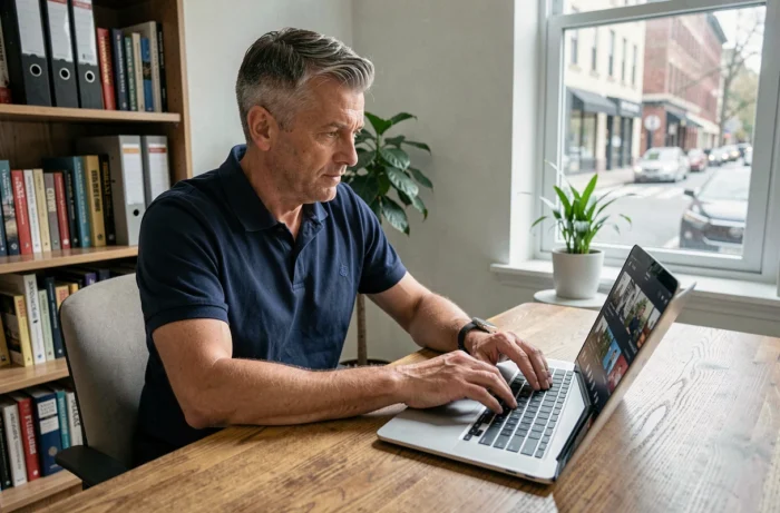 Homme utilisant une application TNT gratuite sur un ordinateur portable dans un bureau à domicile