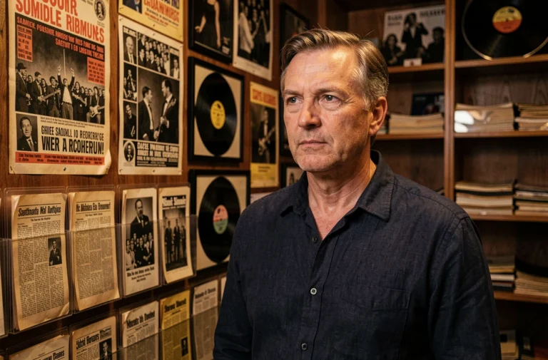 Homme contemplant des archives musicales et photos vintage de Mike Brant dans une salle de memorabilia