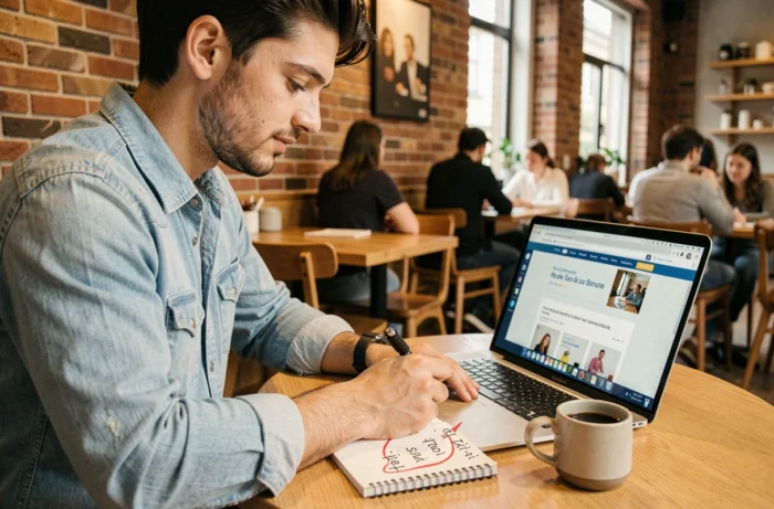 Jeune homme corrigeant une faute d'orthographe entre fais-moi et fait-moi dans son carnet dans un café moderne