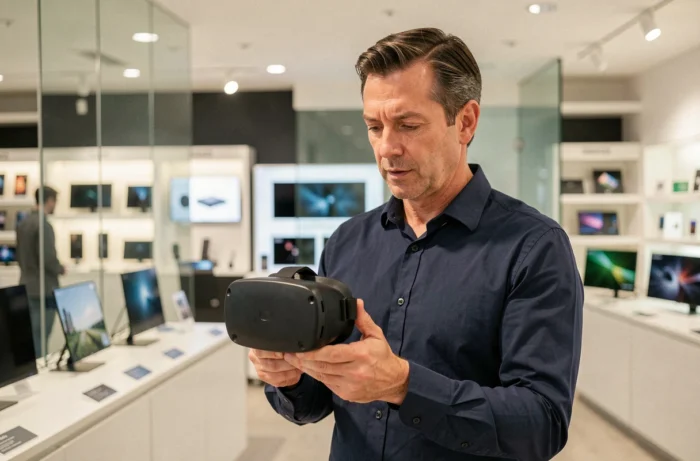 Homme tenant un casque VR dans un magasin high-tech, explorant les nouvelles technologies de réalité virtuelle