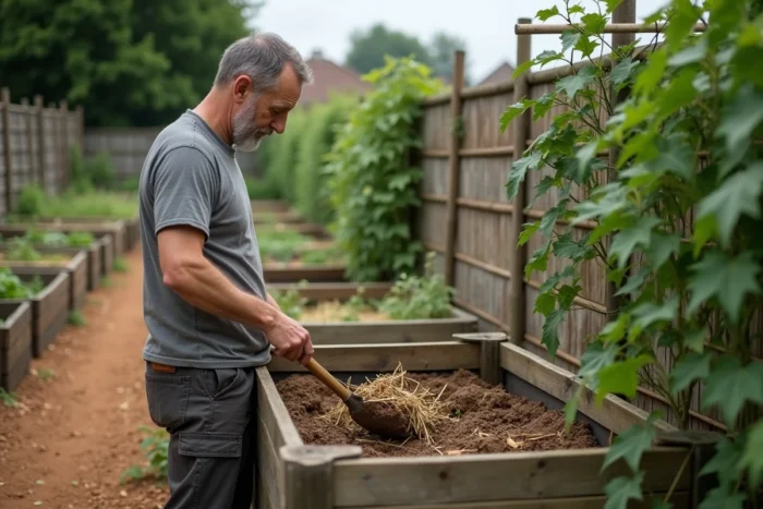 Homme retournant le compost dans un jardin partagé entouré de rangées de légumes biologiques et d'un treillis de haricots grimpants