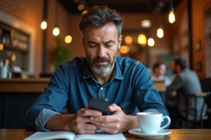 Homme utilisant une application de dialogue en ligne sur smartphone dans un café chaleureux et moderne