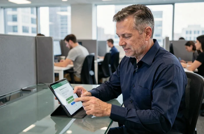Homme consultant l'espace donateur Zidore sur tablette depuis un bureau professionnel