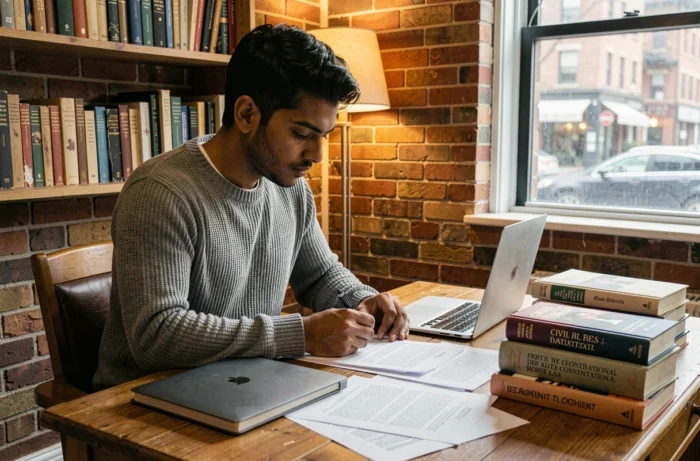 Un jeune homme d'origine sud-asiatique étudiant des documents juridiques sur les droits civils dans un bureau à domicile, illustrant l'engagement personnel pour la défense des libertés