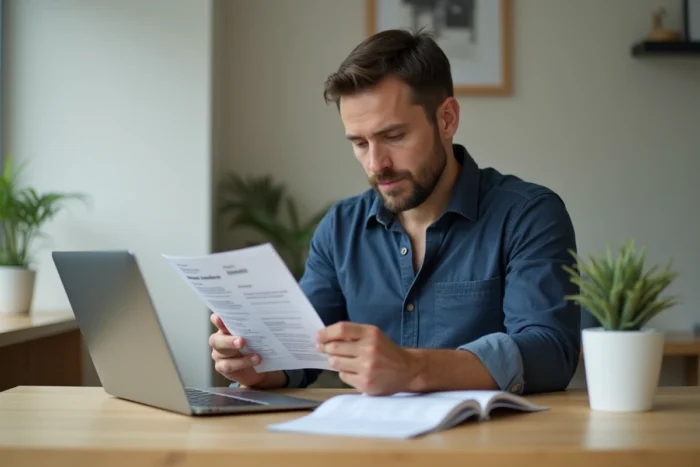 Homme lisant la notice d'Anxemil à son bureau à domicile, dans une atmosphère calme et concentrée