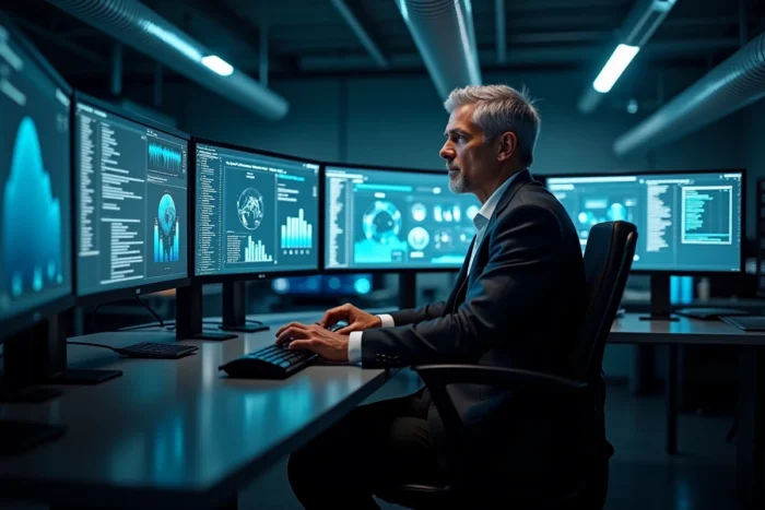 Homme travaillant sur plusieurs écrans ultralarges dans un laboratoire technologique, symbolisant les tendances en intelligence artificielle et analyse de données