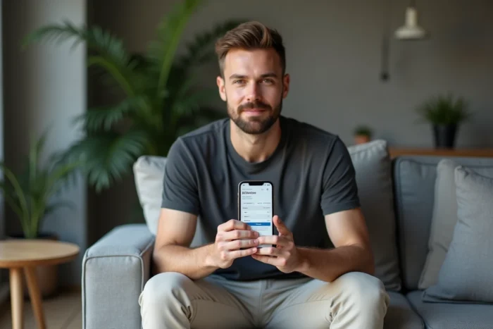 Homme analysant les options d'abonnement Luvly sur smartphone dans un salon moderne