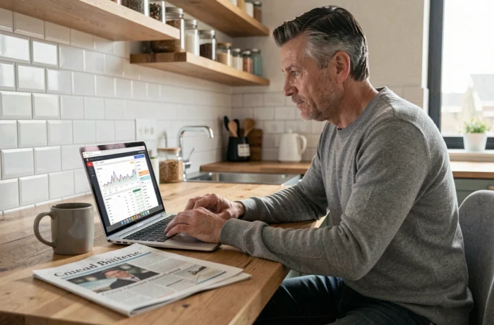 Homme consultant une plateforme d'investissement en bourse sur un ordinateur portable dans une cuisine moderne