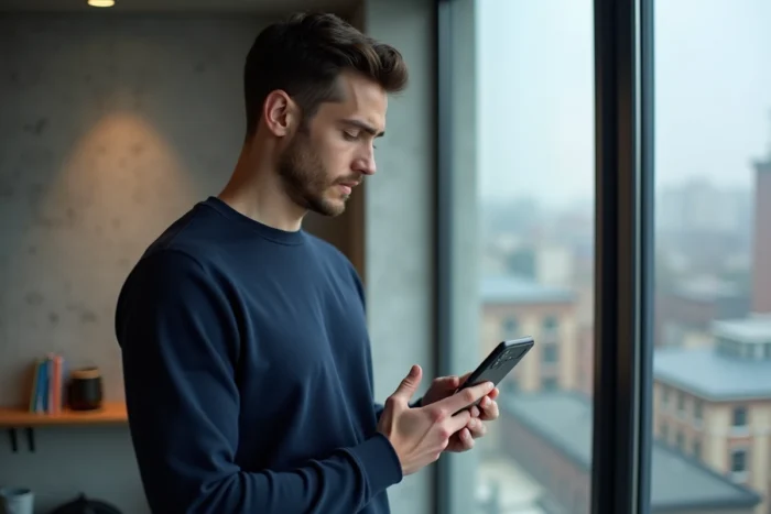 Homme consultant les réglages de performance du Google Pixel 8a près d'une fenêtre