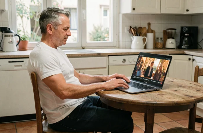 Homme regardant une série française en streaming sur son ordinateur portable dans une cuisine