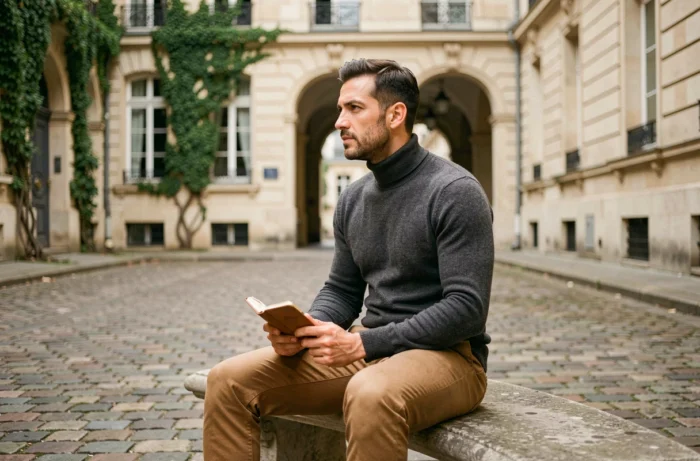 Homme en pull col roulé cachemire gris et chino camel assis dans une cour parisienne, incarnant un style masculin chic et intemporel