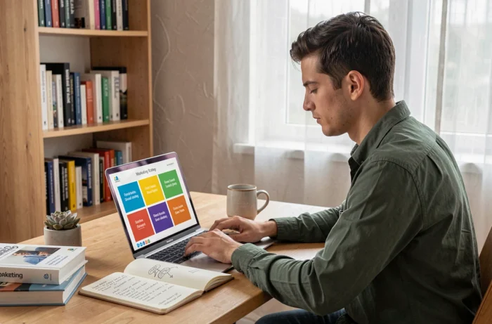 Jeune professionnel travaillant seul sur un ordinateur portable avec un modèle de stratégie marketing en 8P dans un bureau à domicile