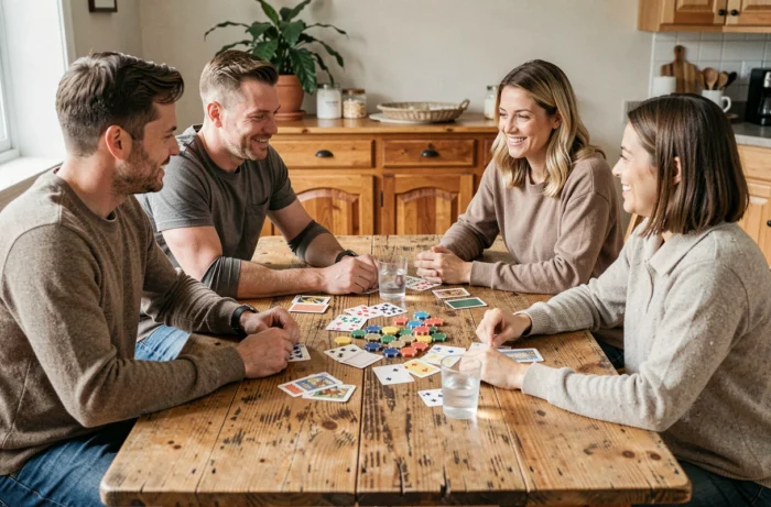 Groupe de joueurs adultes autour d'une table de cuisine jouant au 8 américain avec des cartes éparpillées