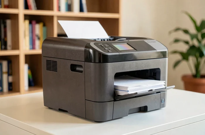 Imprimante multifonction couleur Brother MFC-L3770CDW posée sur un bureau de bureau moderne avec écran tactile visible