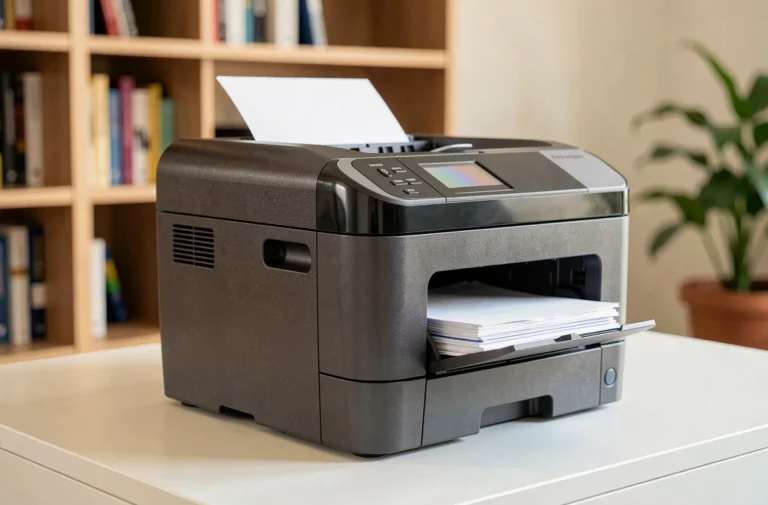 Imprimante multifonction couleur Brother MFC-L3770CDW posée sur un bureau de bureau moderne avec écran tactile visible