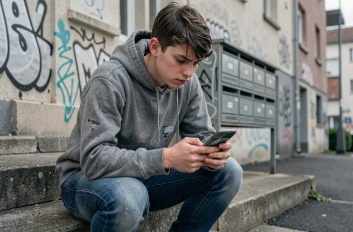 Un adolescent des banlieues françaises utilisant un smartphone fissuré pour accéder à Internet, symbole des inégalités numériques