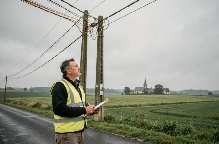 Un technicien en zone rurale française inspectant des câbles téléphoniques vieillissants, illustrant les défis d'infrastructure de la connexion Internet