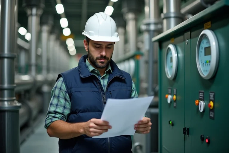Ingénieur en équipement de sécurité analysant des documents de conformité aux normes ISO 50001 et ISO 14001 dans une installation industrielle moderne