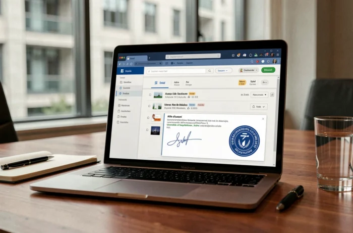 Gros plan sur une interface de messagerie Mélanie affichée sur un ordinateur portable lors d'une session de travail administrative