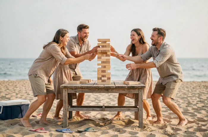 Groupe d'adultes jouant au Jenga géant sur la plage en été