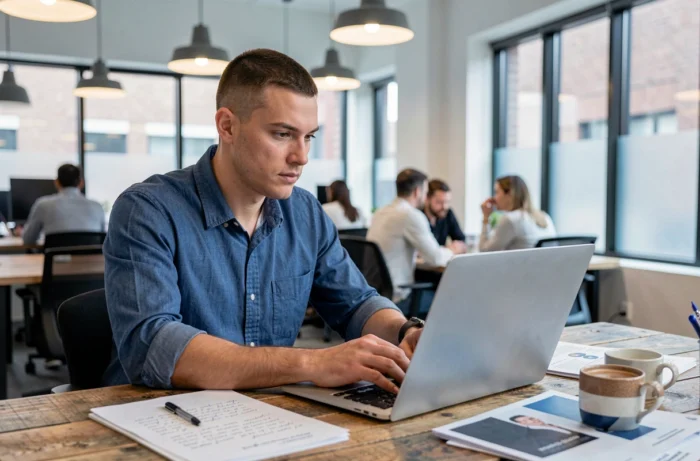 Jeune entrepreneur concentré travaillant sur son projet dans un espace de coworking animé