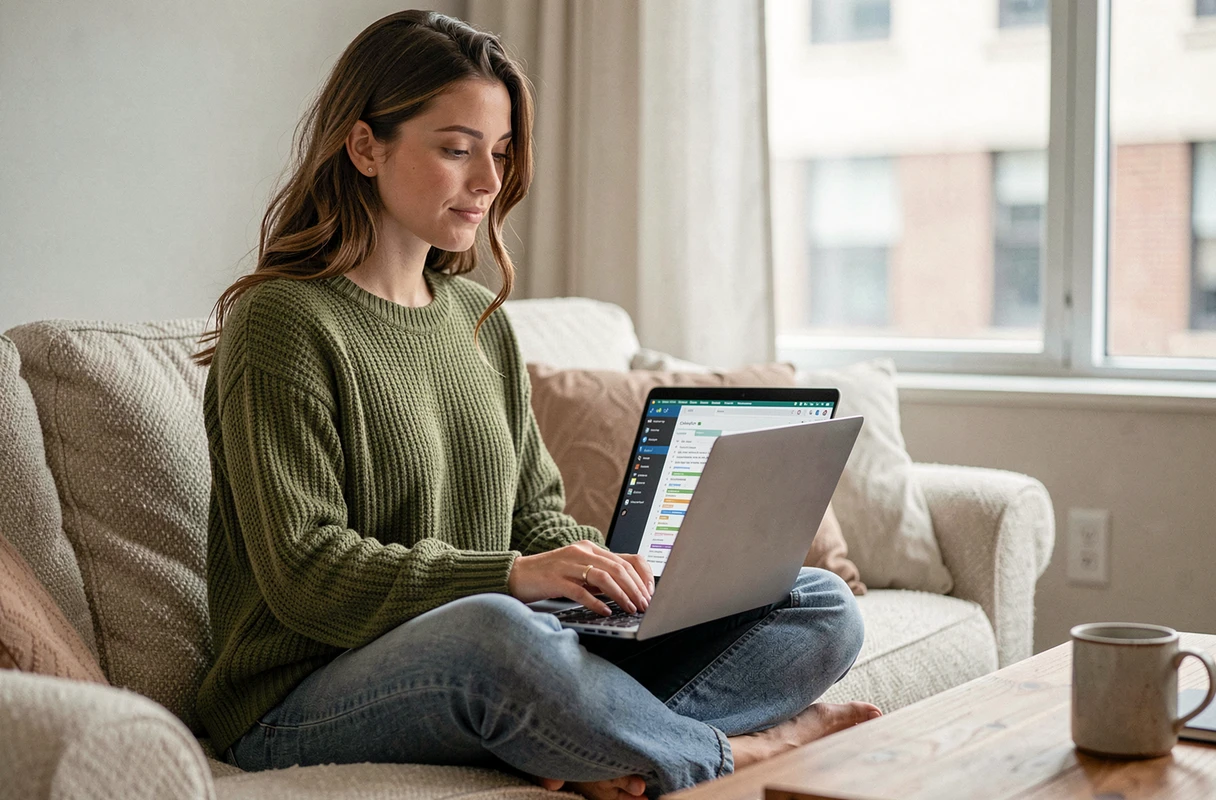 Jeune femme naviguant sur un plan de site web depuis son canapé avec un ordinateur portable
