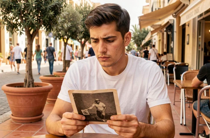 Jeune homme contemplant une vieille photographie en noir et blanc dans un café de Tel Aviv