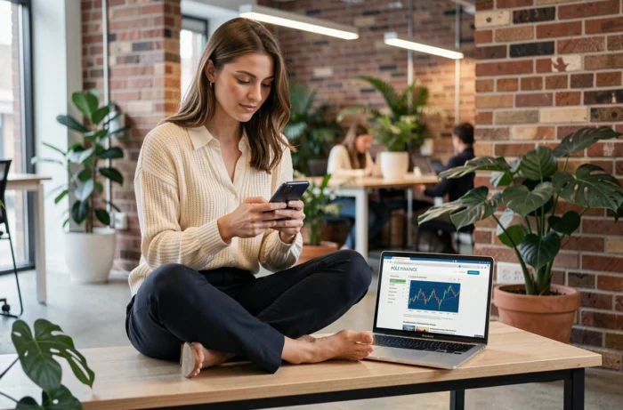 Jeune professionnelle consultant les actualités financières sur smartphone dans un espace de coworking moderne