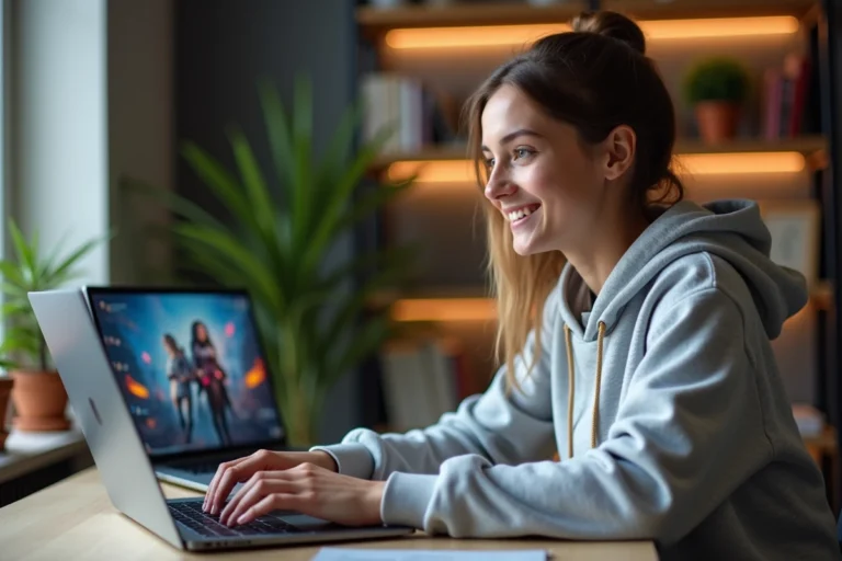 Jeune femme jouant sur un site de jeux en ligne depuis son bureau à domicile, illustrant le changement de nom de JeuxJeuxJeux en Poki