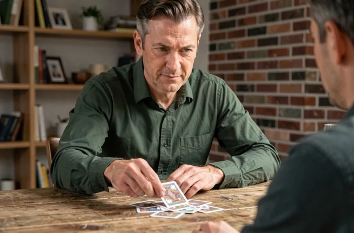 Joueur posant une contre-carte sur la pile de défausse pour rediriger les pénalités vers un adversaire