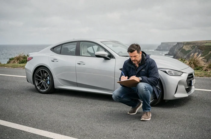 Journaliste automobile prenant des notes lors d'un essai routier d'une berline sportive sur une route côtière