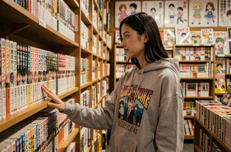 Jeune femme feuilletant des mangas dans une librairie spécialisée style japonais, tendances manga et anime