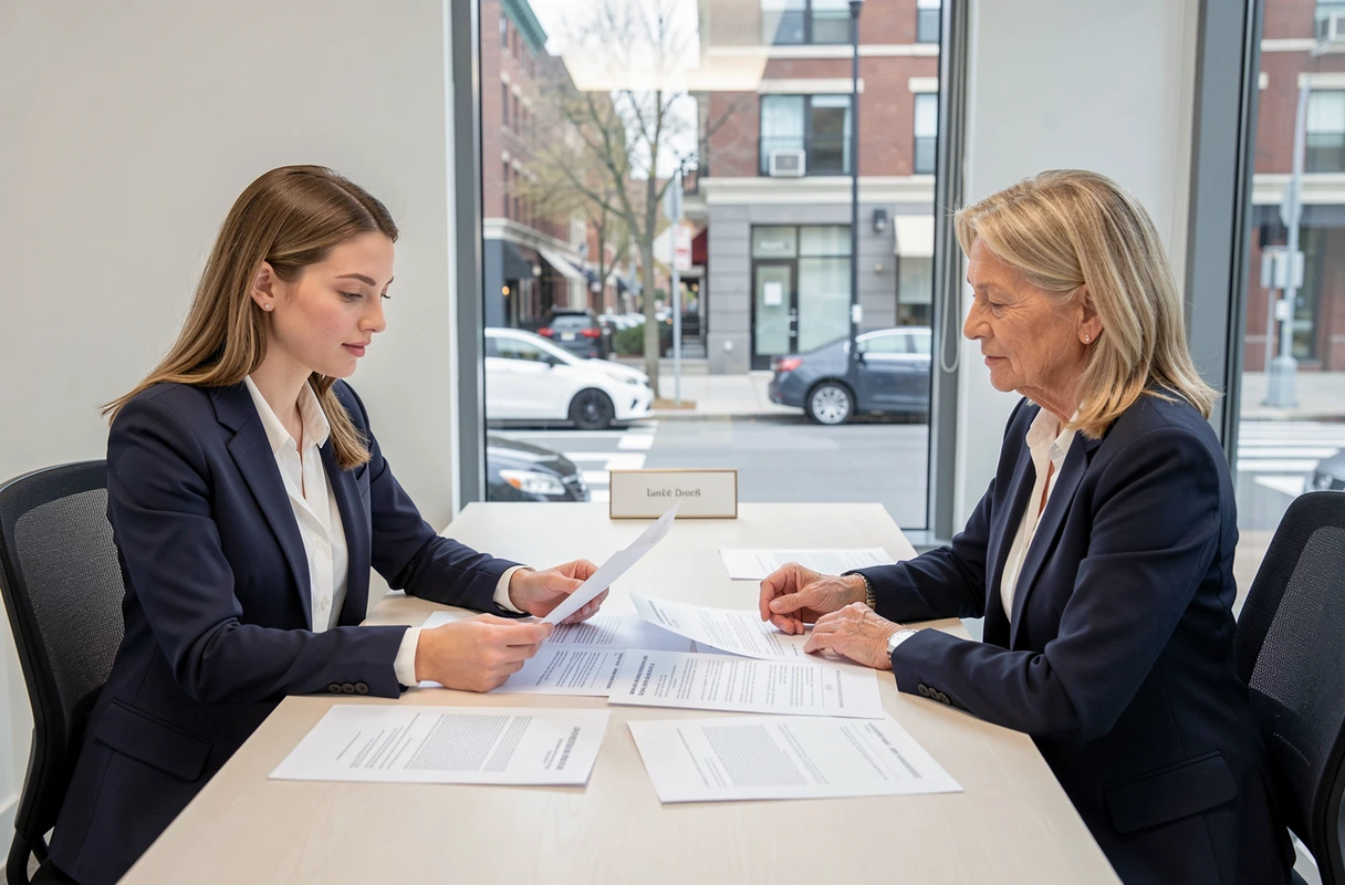 Locataire et agent immobilier examinant un contrat de caution solidaire