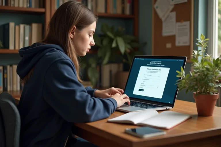 Lycéenne inscrite sur la plateforme Cyclades pour le bac 2026 depuis son bureau à domicile