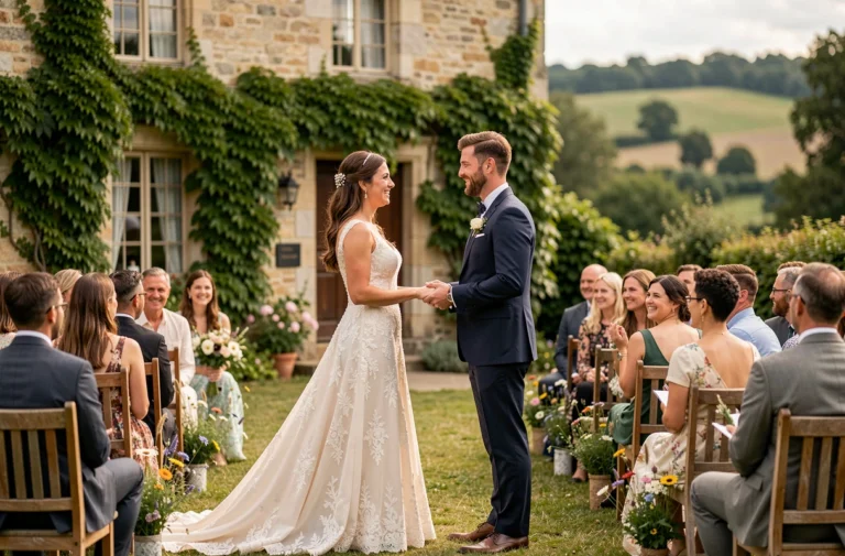 Couple de mariés échangeant leurs vœux dans un jardin de mariage en campagne française avec un manoir en arrière-plan