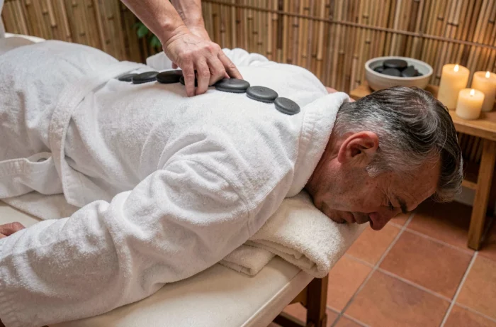Séance de massage aux pierres chaudes dans un spa holistique pour la détente et le bien-être naturel