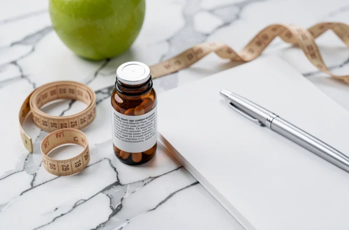 Bouteille de médicament, mètre ruban et pomme verte sur marbre symbolisant gestion du poids et santé