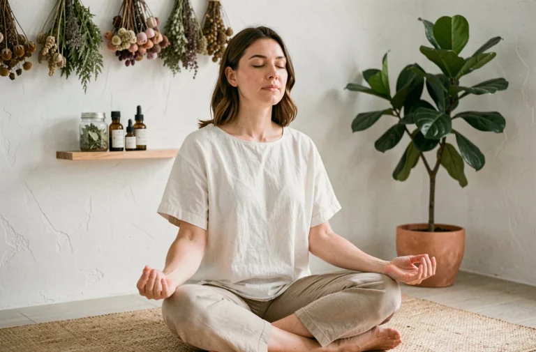 Femme pratiquant la méditation dans un studio de naturopathie avec plantes et huiles essentielles