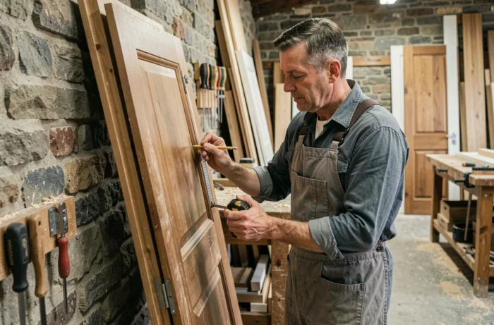Menuisier mesurant une porte postformée dans un atelier de menuiserie artisanal