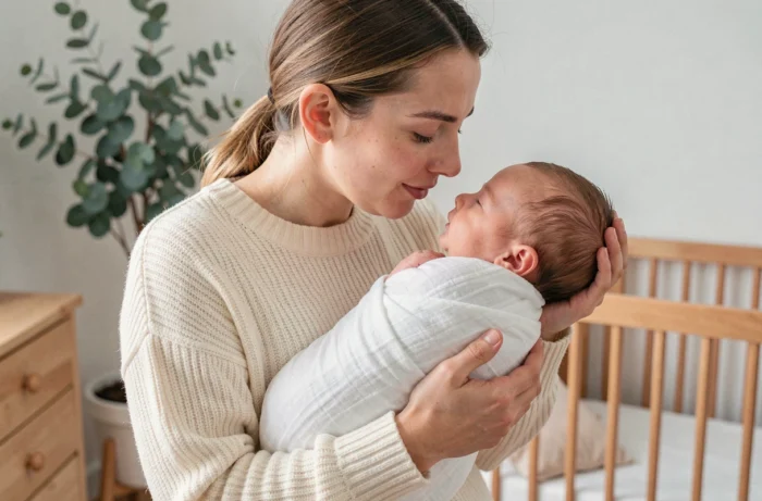 Jeune mère tenant tendrement son nouveau-né dans une chambre de bébé scandinave lumineuse, moment de complicité et de bien-être