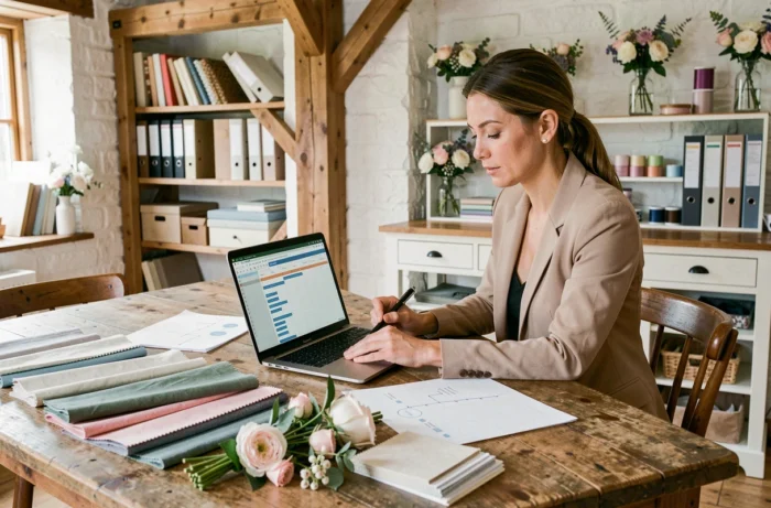 Organisatrice de mariage professionnelle planifiant un événement à sa table de travail avec échantillons et documents