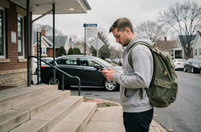 Passager de covoiturage devant une gare consultant l'application Blablacar pour confirmer son paiement