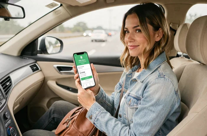 Passagère en voiture validant un paiement Blablacar sur son smartphone lors d'un trajet en covoiturage