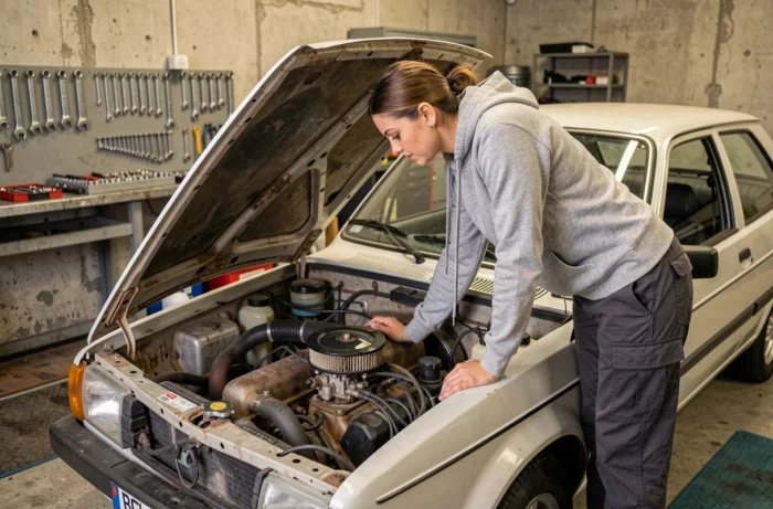 Passionnée d'automobile inspectant le moteur d'une voiture classique dans un garage urbain
