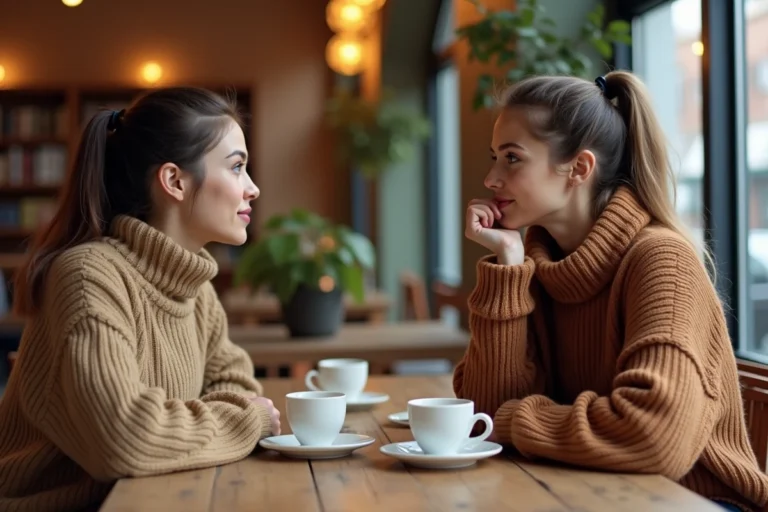 Deux femmes partageant une pensée simultanée dans un café, illustrant la connexion mentale entre personnes proches