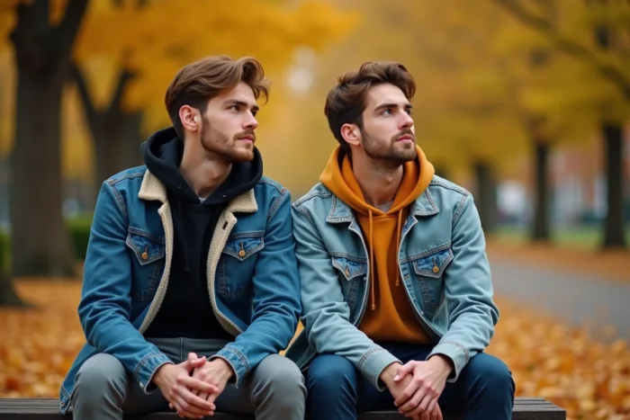 Deux amis assis sur un banc de parc en automne, adoptant la même posture et illustrant le phénomène de pensées réciproques