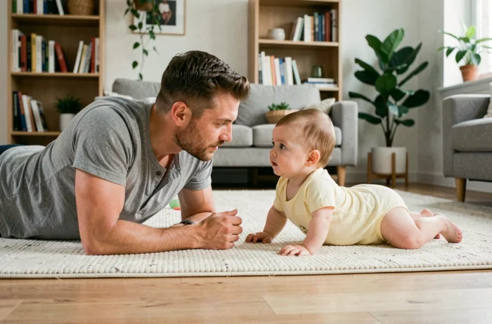 Père jouant avec son bébé de quatre mois lors d'une séance de tummy time sur un tapis d'éveil dans un salon moderne