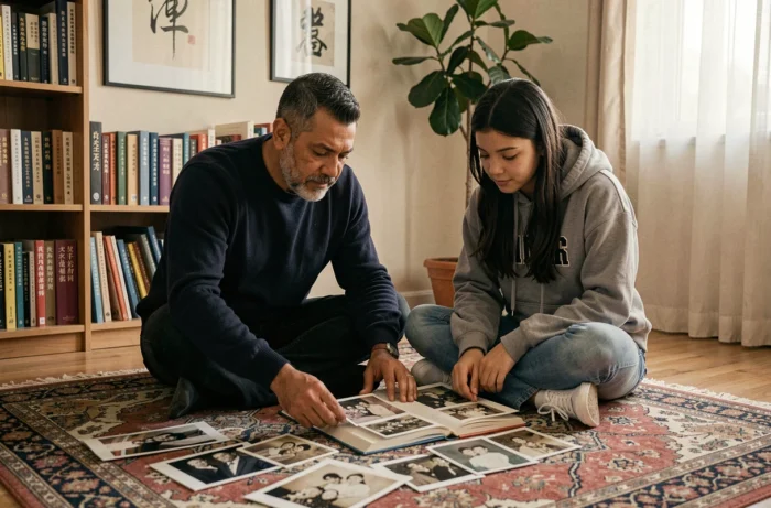 Père et fille aux origines mixtes feuilletant ensemble un album de photos de famille dans un salon chaleureux